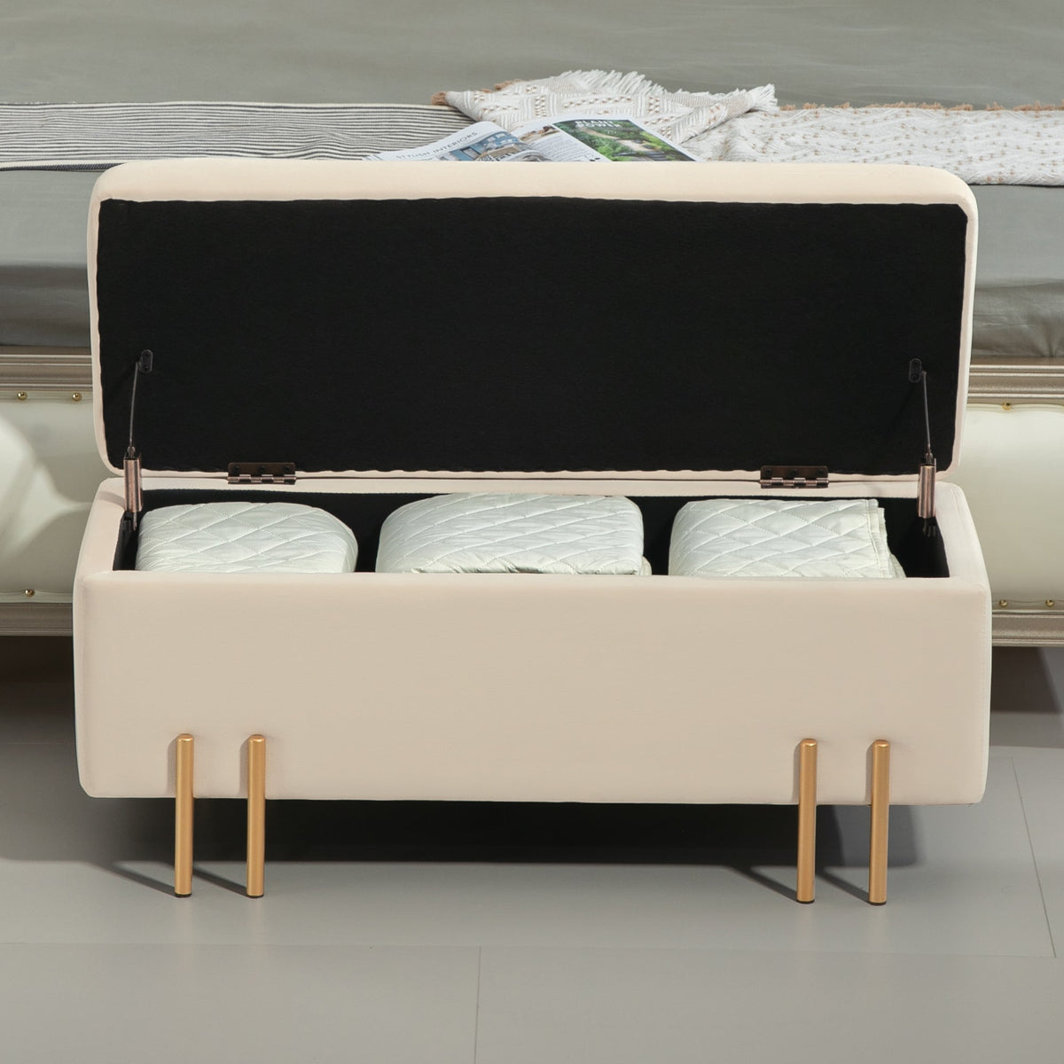 Bench with storage, upholstered velvet, wooden legs, 100 x 40 x 42 cm, beige