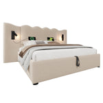Upholstered Double Bed 180x200 with Lamp & USB, Beige Linen