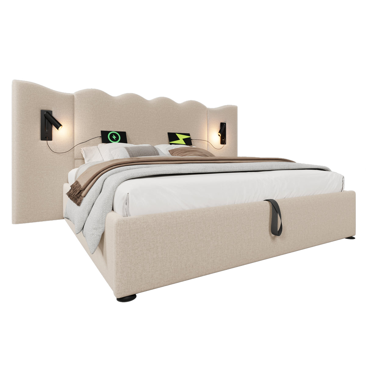 Upholstered Double Bed 180x200 with Lamp & USB Storage - Beige Linen