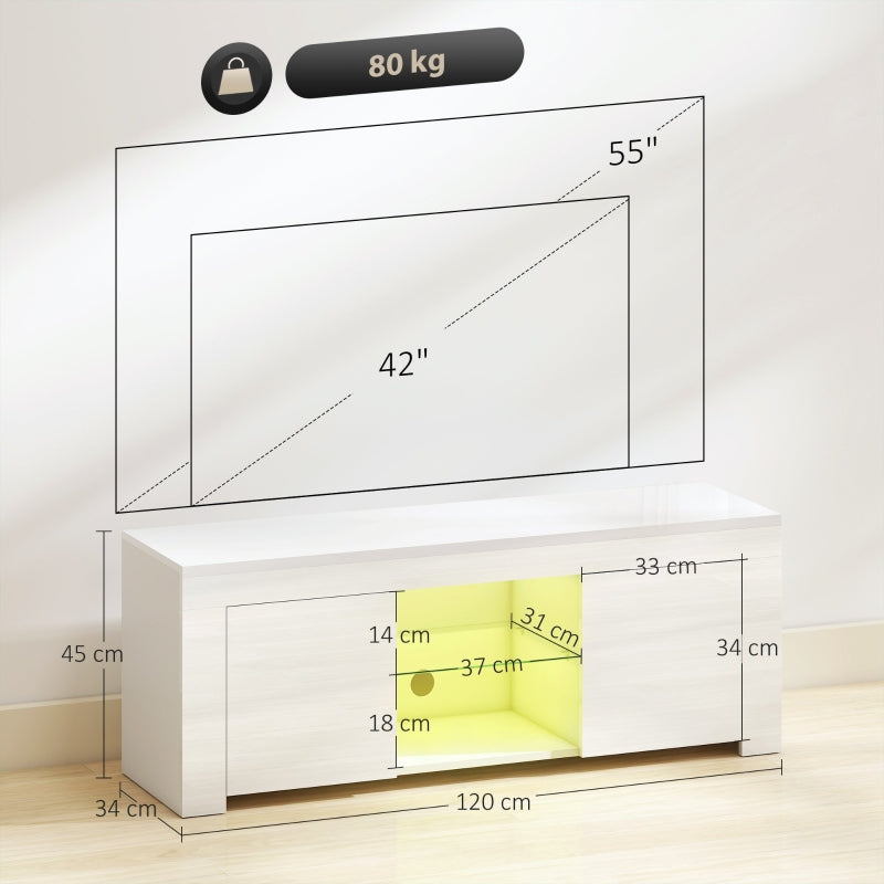 TV Cabinet, LED Lighting, 2 Doors, Glass Shelf, White Chipboard