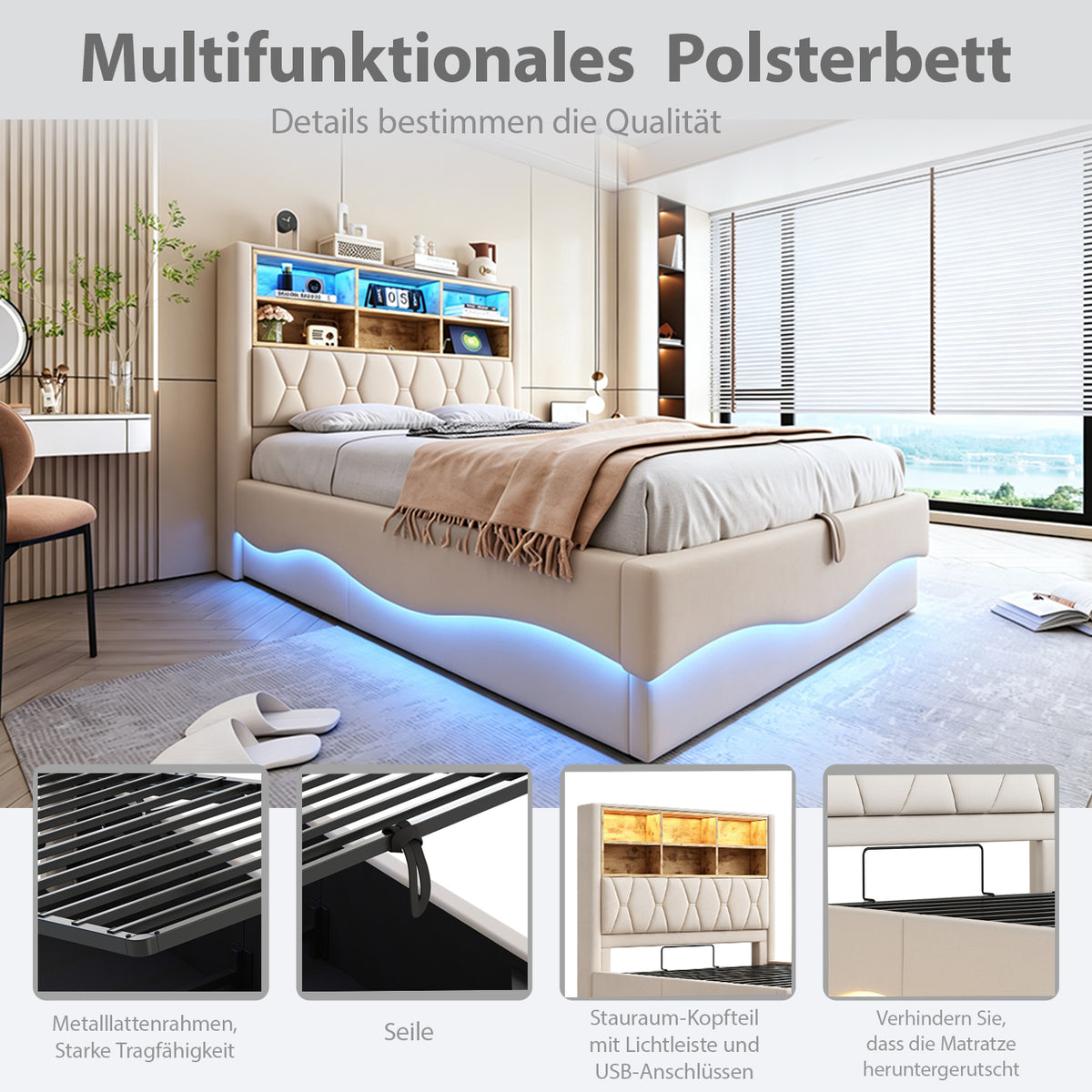 Upholstered Bed 140x200 with Storage & LED, Beige Linen
