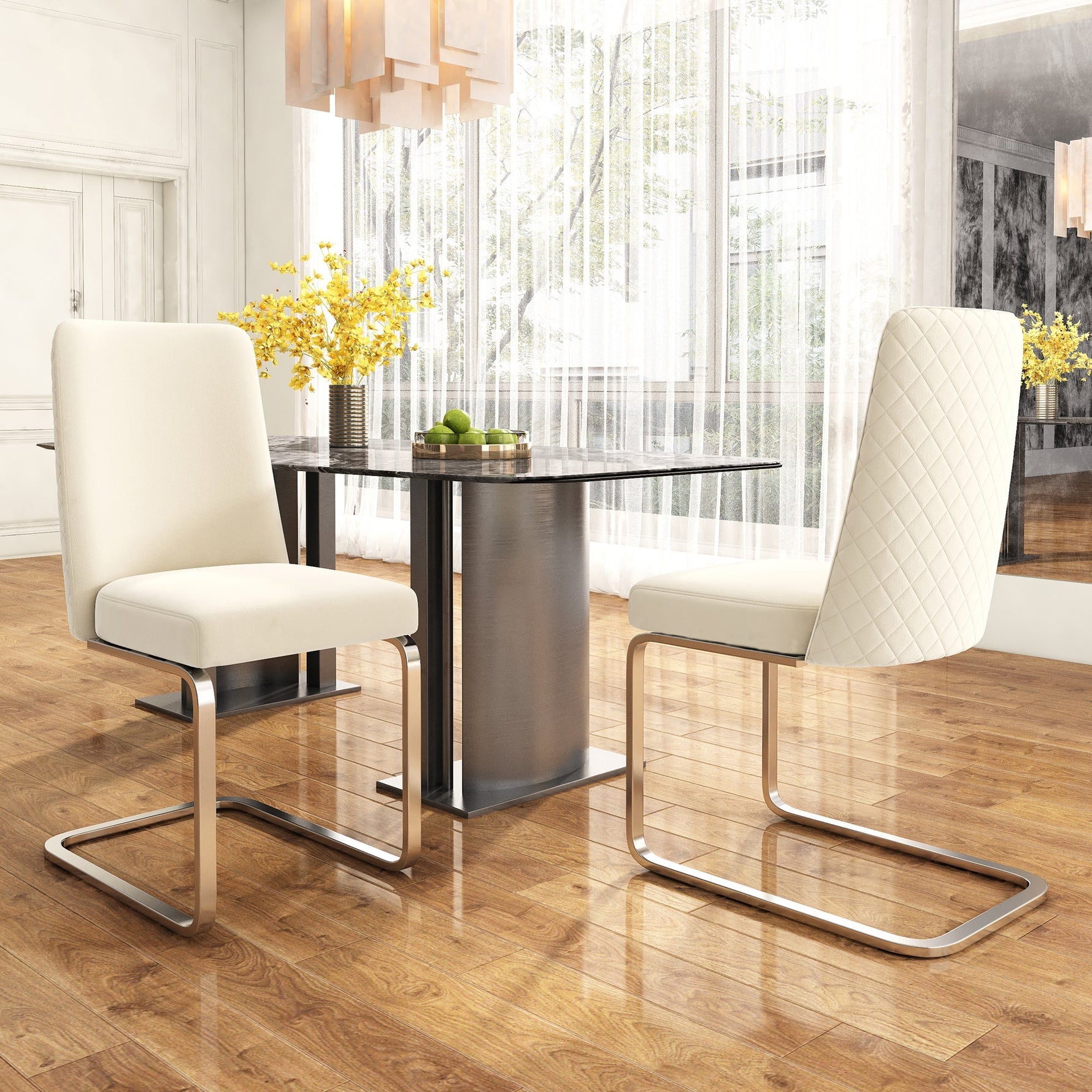 Velvet Dining Chair Set of 6, Diamond Back Design with Silver Metal Legs, Beige Velvet