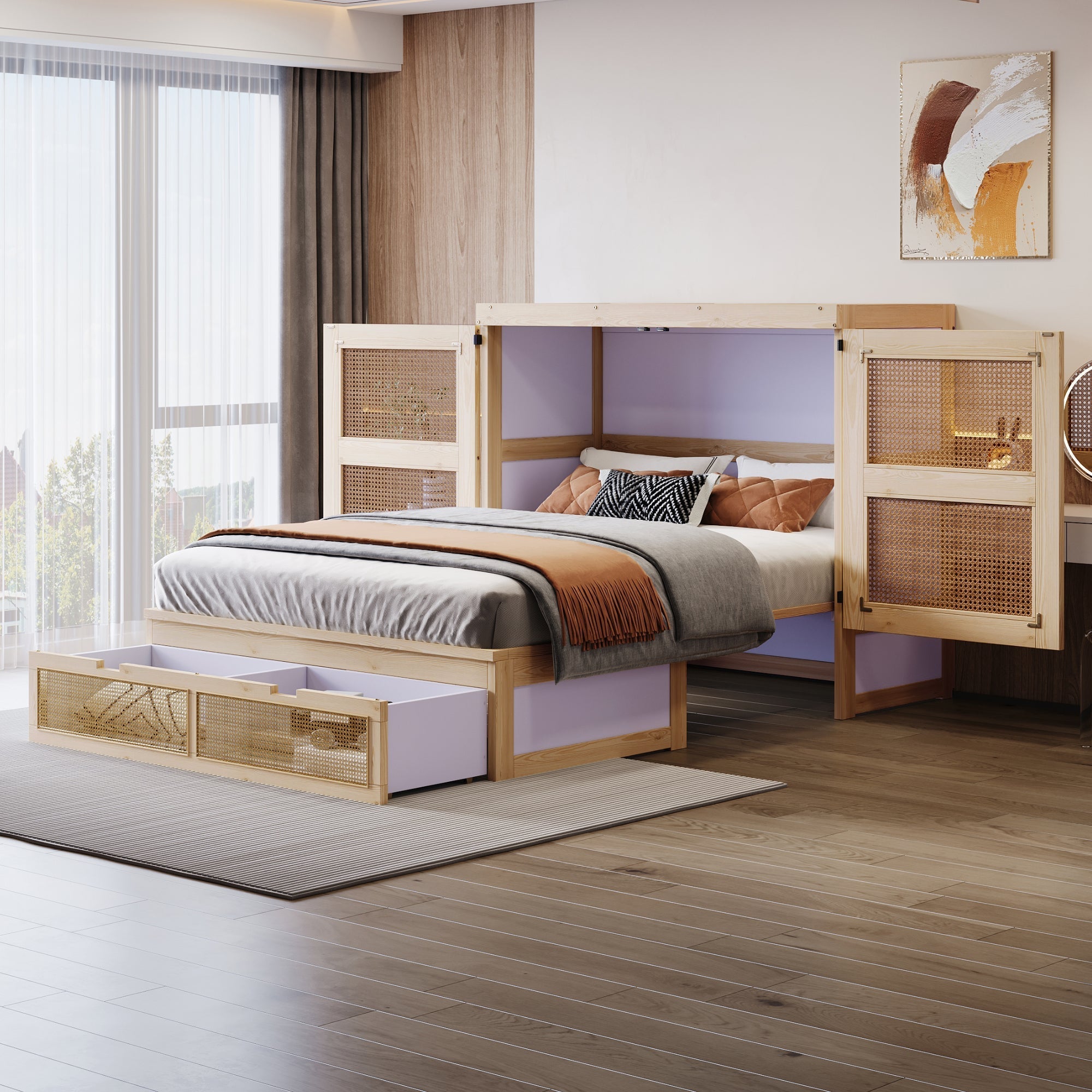 Vertical Wall Bed with Slatted Base and Storage Drawers, 140 x 200 cm, Wood Color