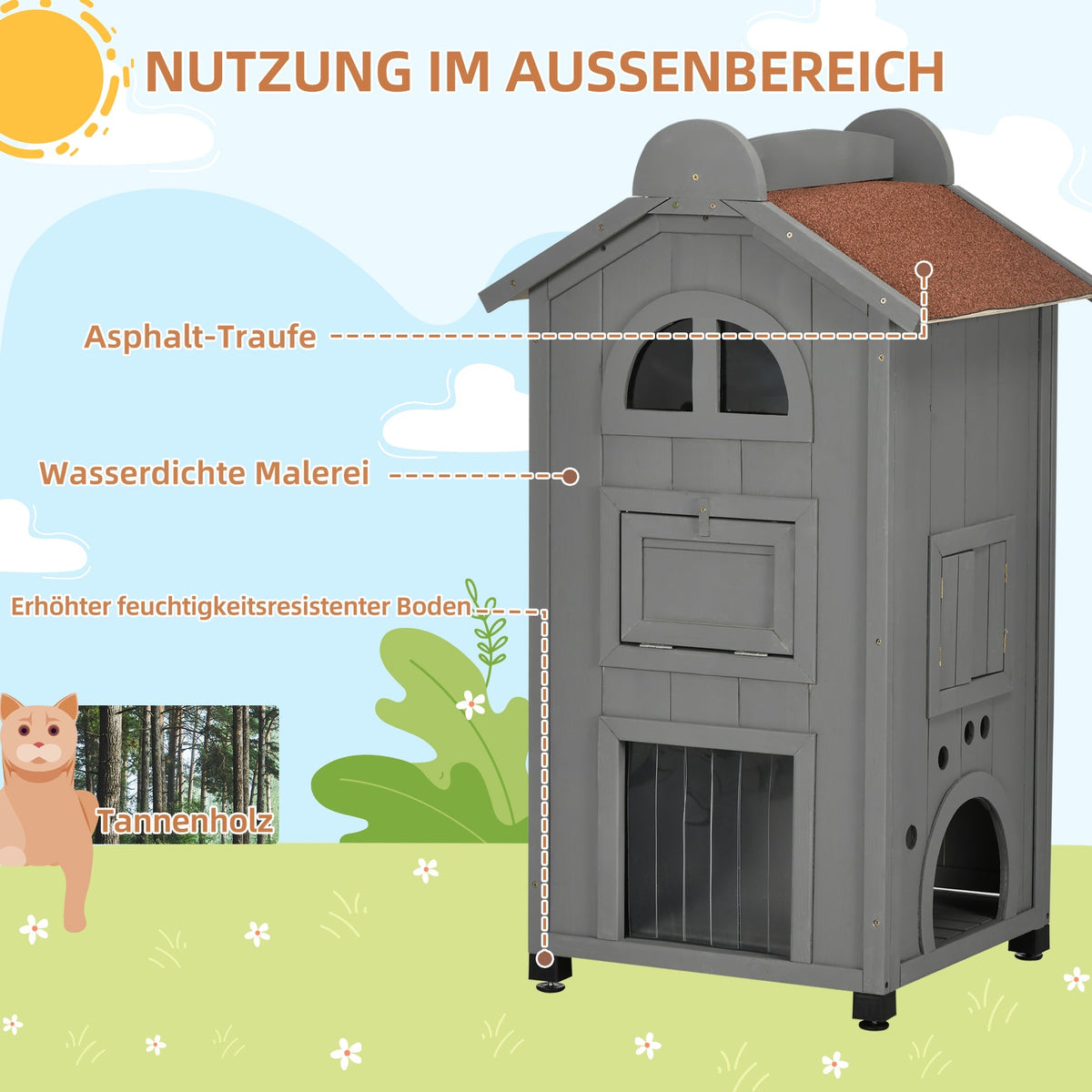 Cat House for Cat Bed or Litter Box, Fir Wood, Grey