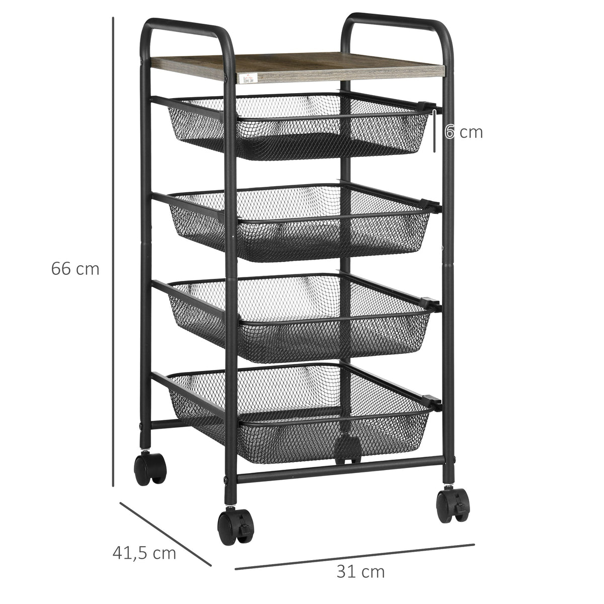 Kitchen Cart, 4 Baskets Storage Rack on Wheels, Steel Black