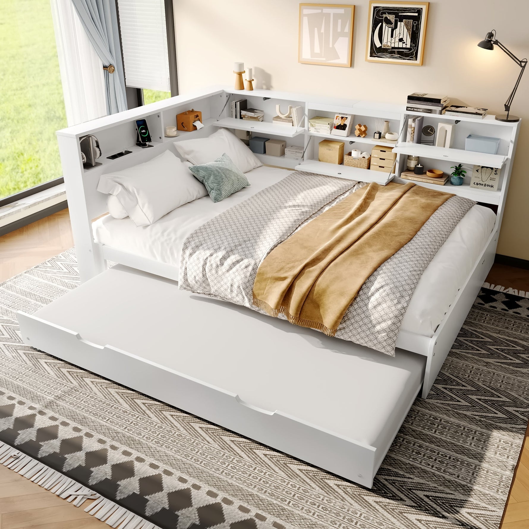 Daybed Sofa Bed with Storage Headboard and Extendable Trundle, 140x200cm, White
