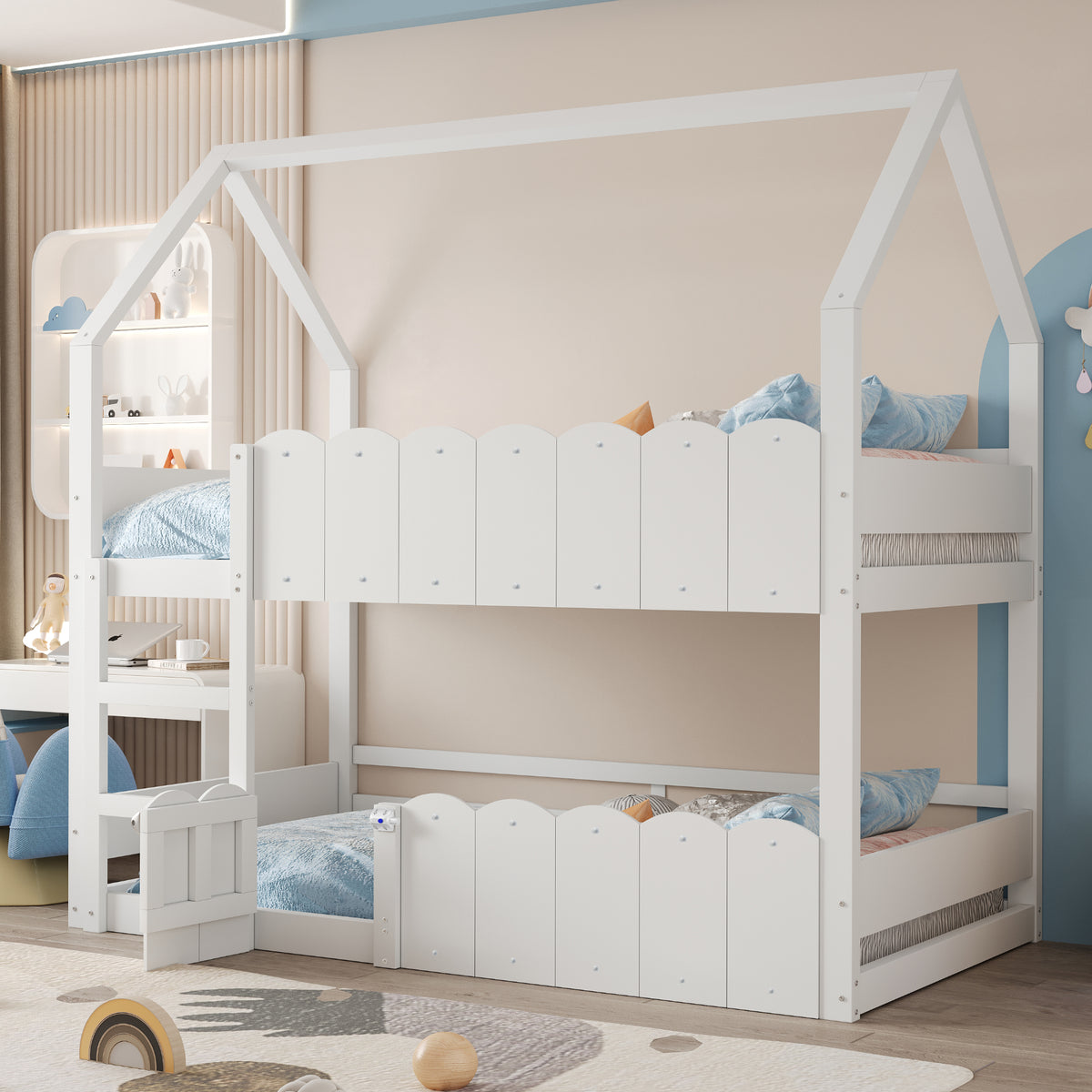Children's Bunk Bed 90x200cm House Design with Safety Rails - White