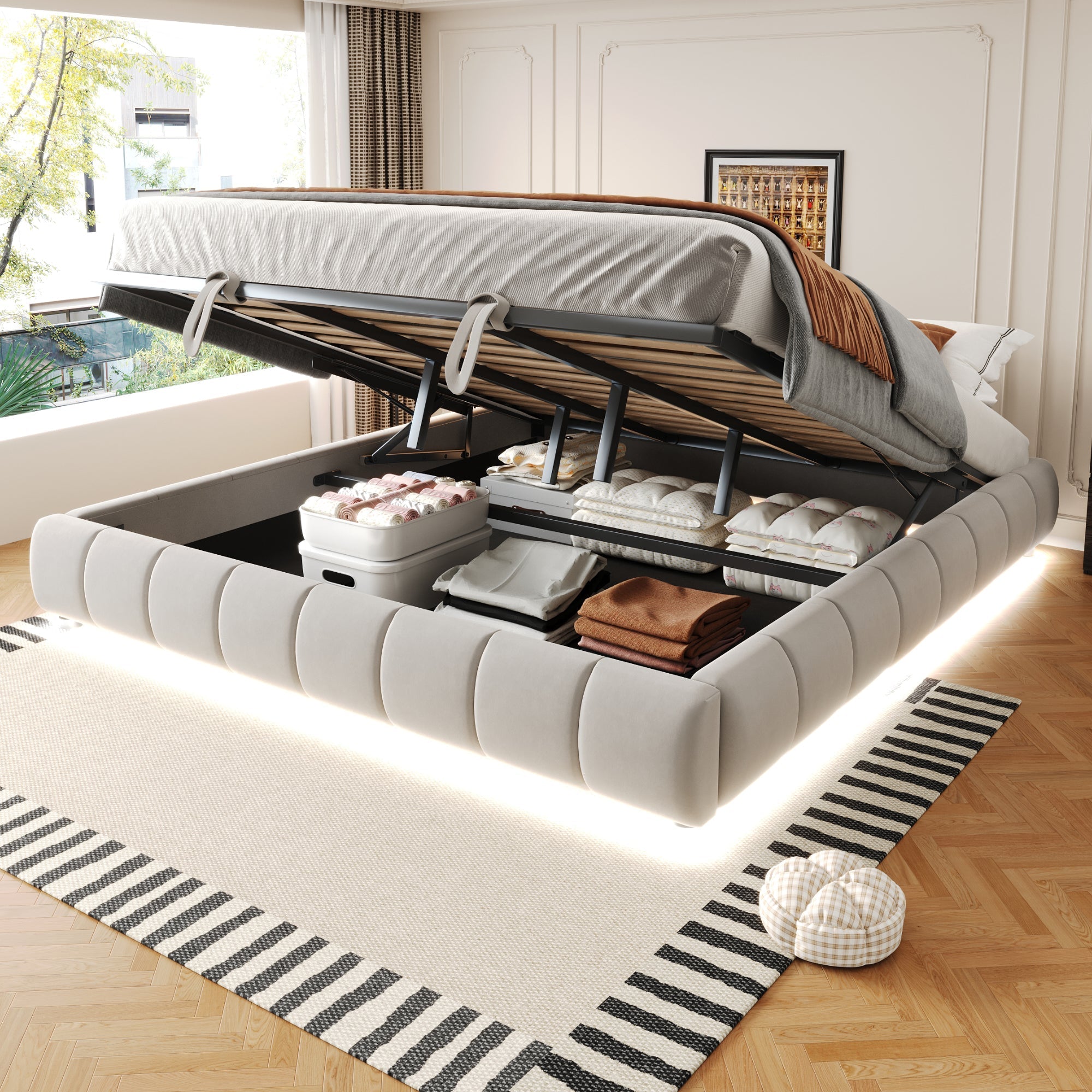 Upholstered Bed 180x200cm LED Floating Frame Storage, Beige