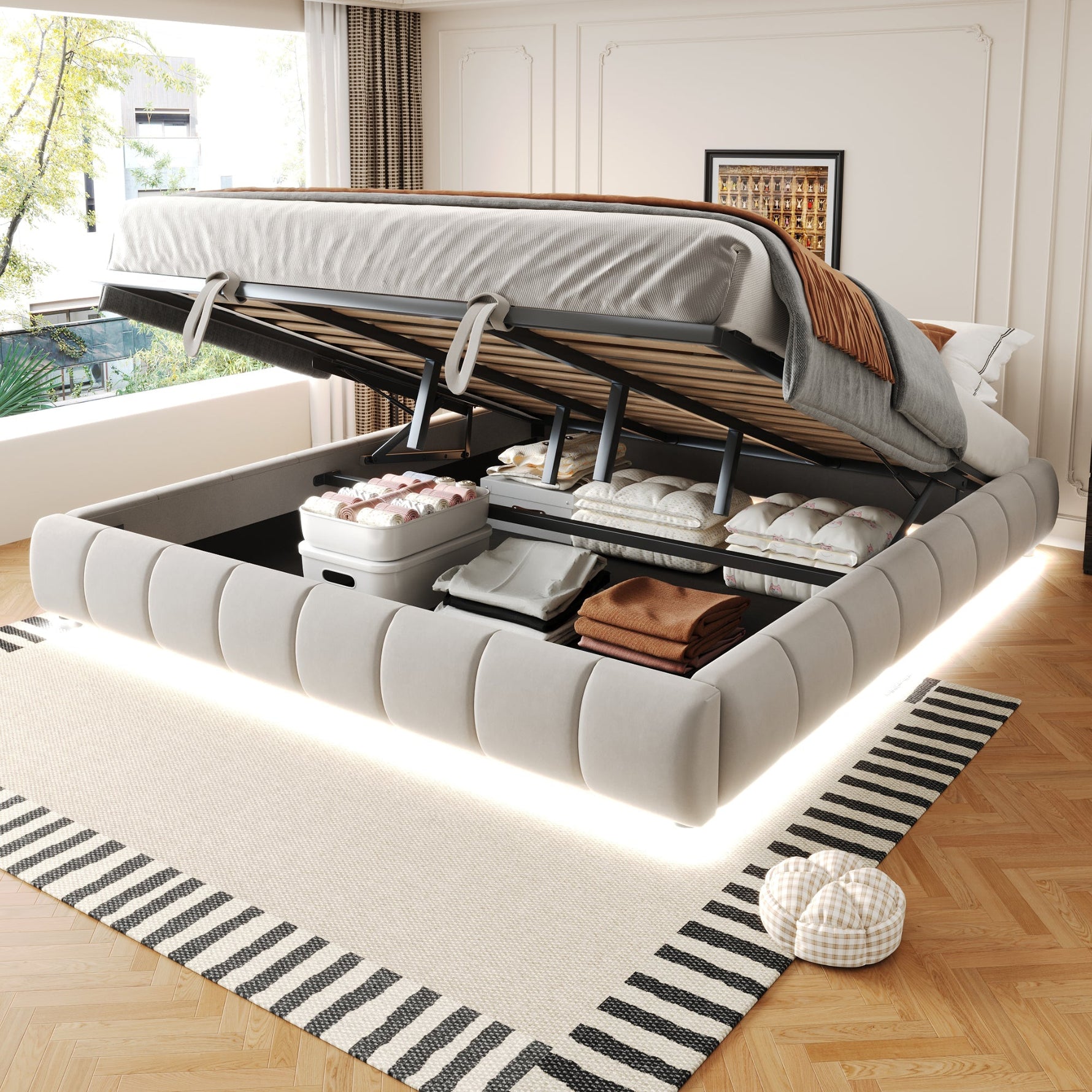 Upholstered Bed 180x200cm LED Floating Frame Storage, Beige