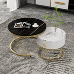 Modular Coffee Table Set of 2, Drawers Marble Look, Gold Decor