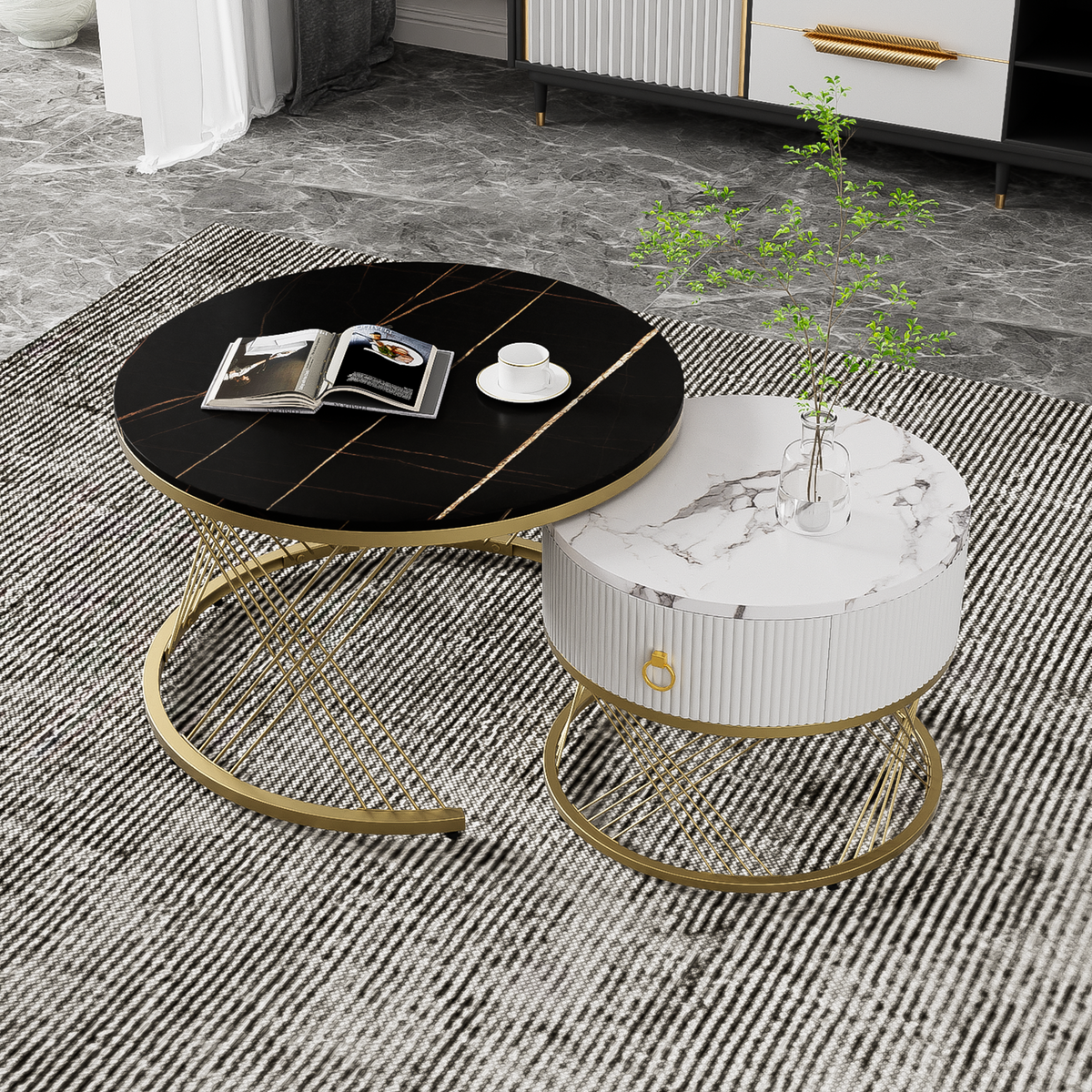 Modular Coffee Table Set of 2, Drawers Marble Look, Gold Decor