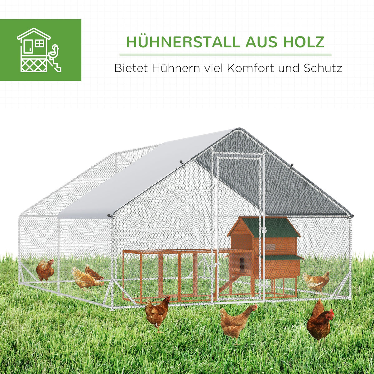 XXL Chicken Coop Run Shaded Roof Lock for 8-12 Poultry, Steel 3x4x2m