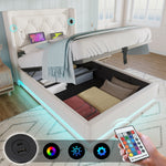Upholstered Single Bed 90*200cm Hydraulic Storage Headboard USB Type-C LED, White PU