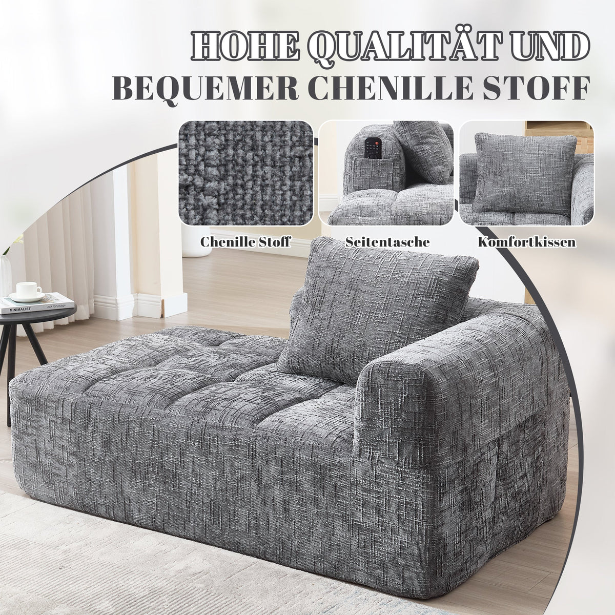 Chaise Longue Sofa, No Assembly Soft Cushions Side Pockets - Grey