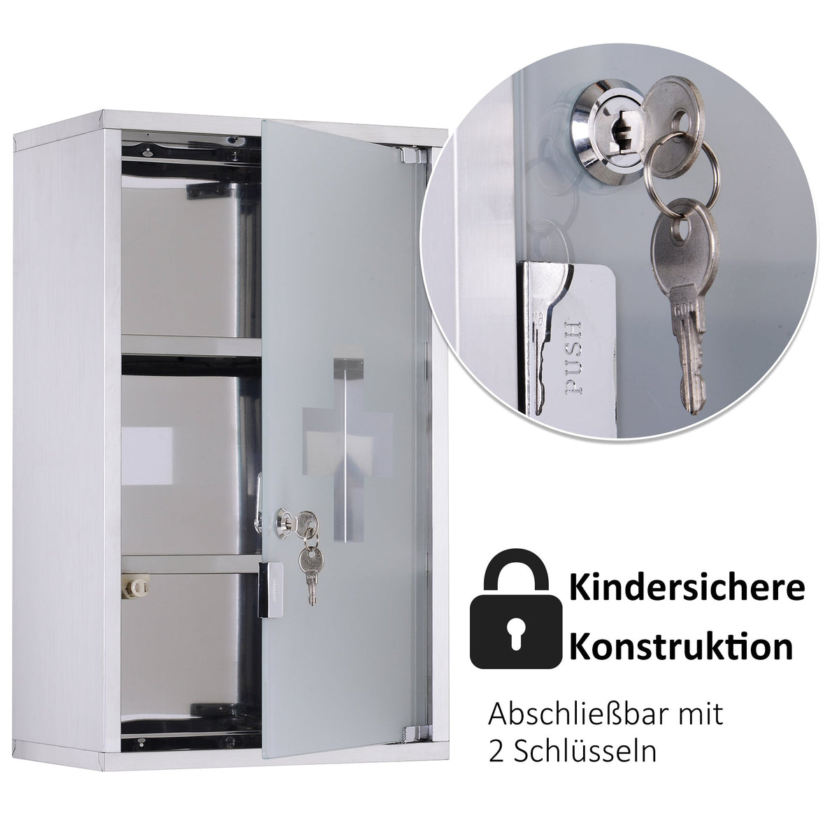 Medicine Cabinet First Aid, Lock, Stainless Steel