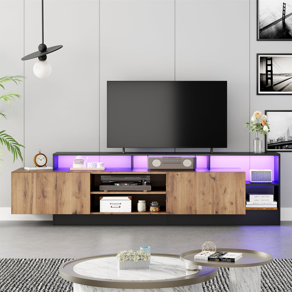 TV Cabinet 70 Inch Open Storage LED Display Wood/Black Frame