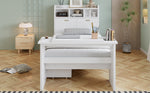 Children's Single Bed 90x200 with Storage Shelf in White Wood