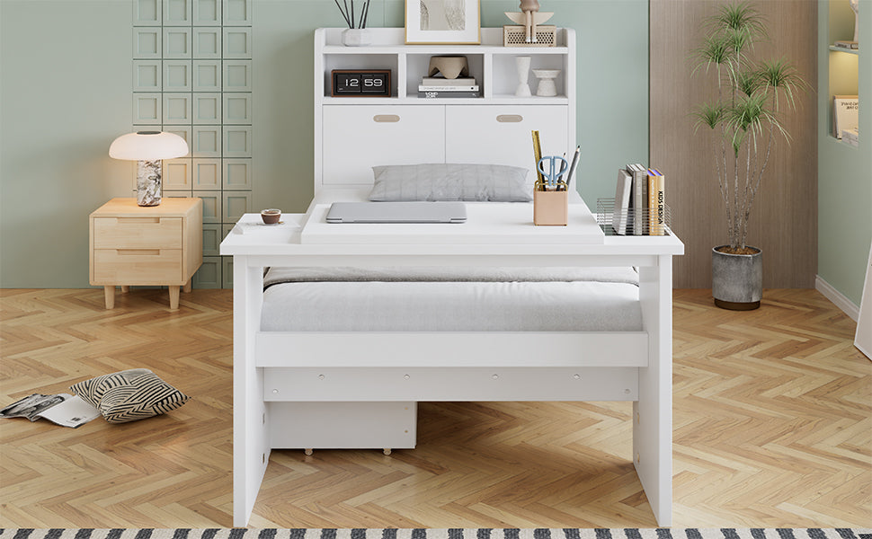 Children's Single Bed 90x200 with Storage Shelf in White Wood