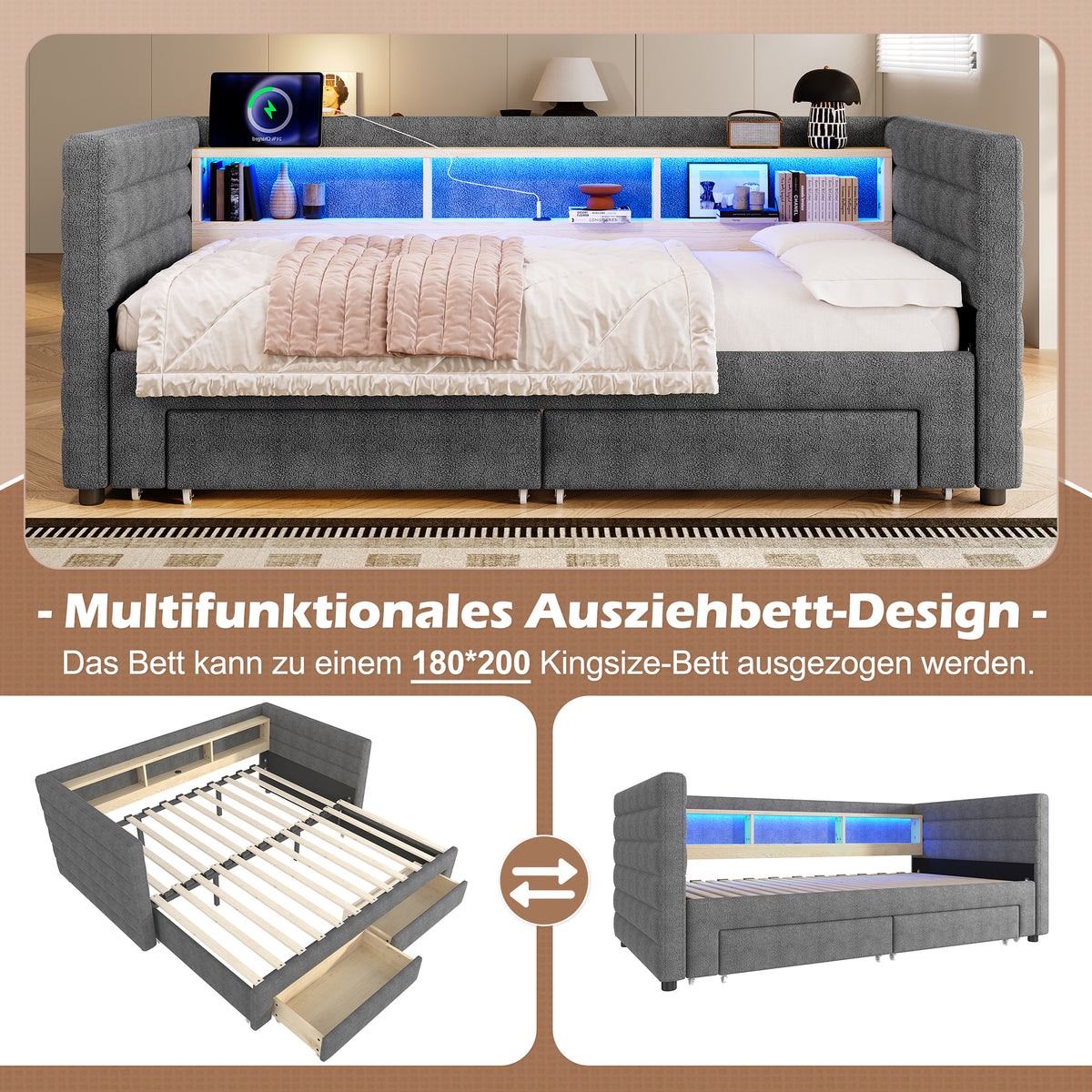 Multifunctional Daybed 90x190cm with Drawers, Grey Velvet
