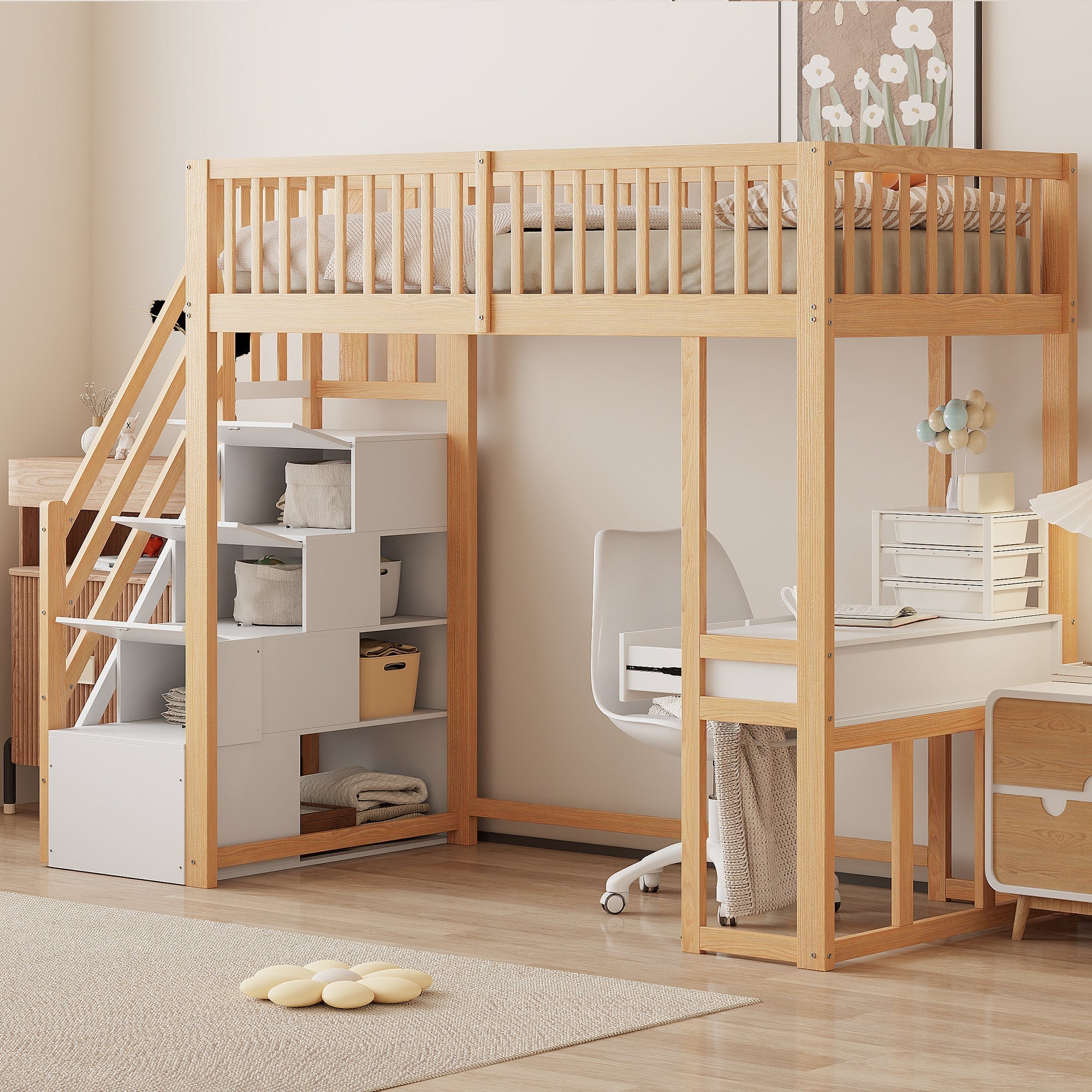 Loft Bed 90x200 Multifunctional Table Storage Stairs, Solid Pine Wood White