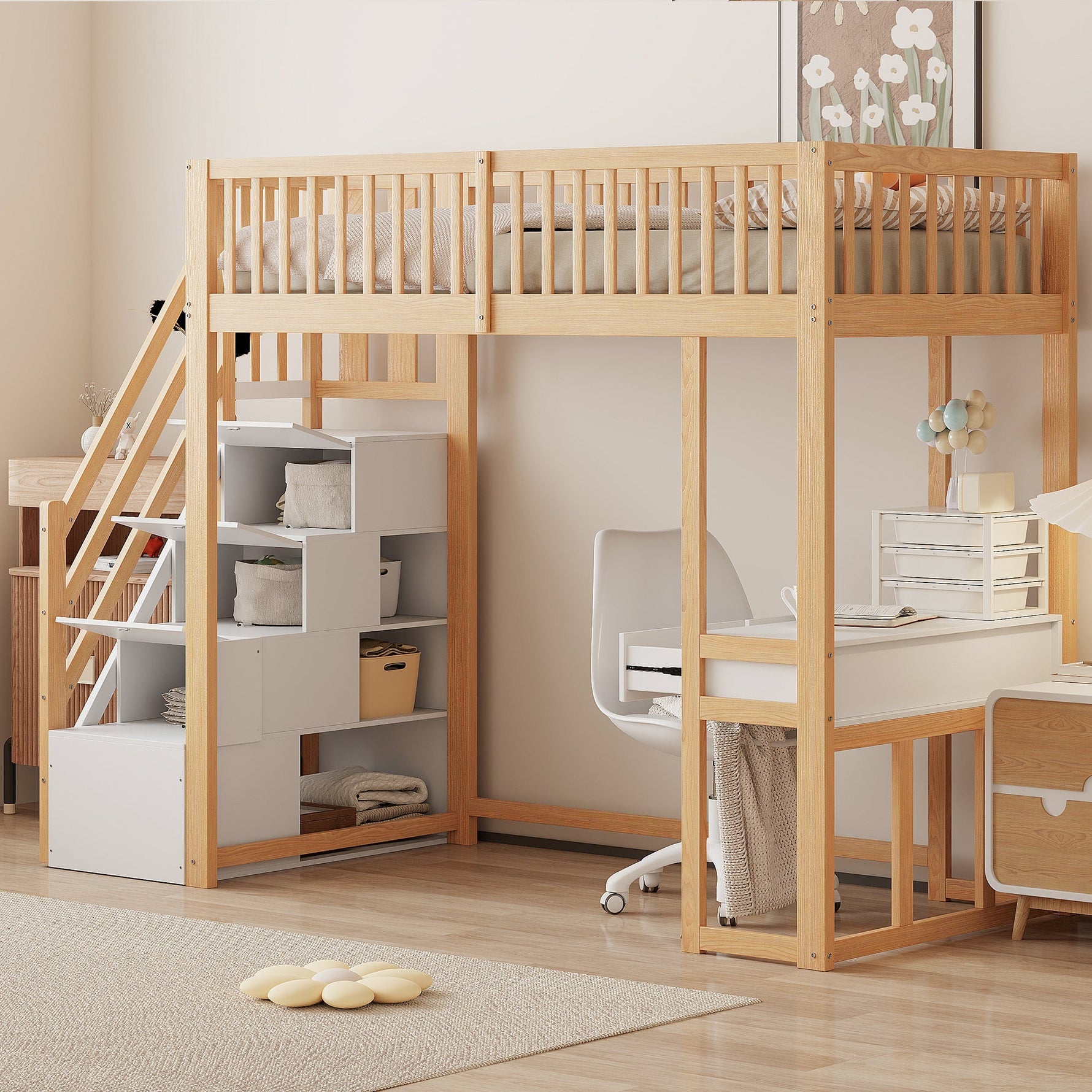 Loft Bed 90x200 Multifunctional Table Storage Stairs, Solid Pine Wood White