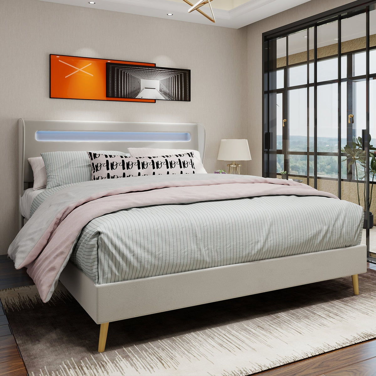 Upholstered Bed, Modern Minimalist LED-backlit Headboard, 160x200 cm, Beige