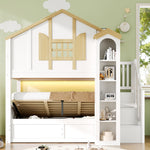 Bunk Bed with Hydraulic Lift & Storage Stairs, Solid Wood White