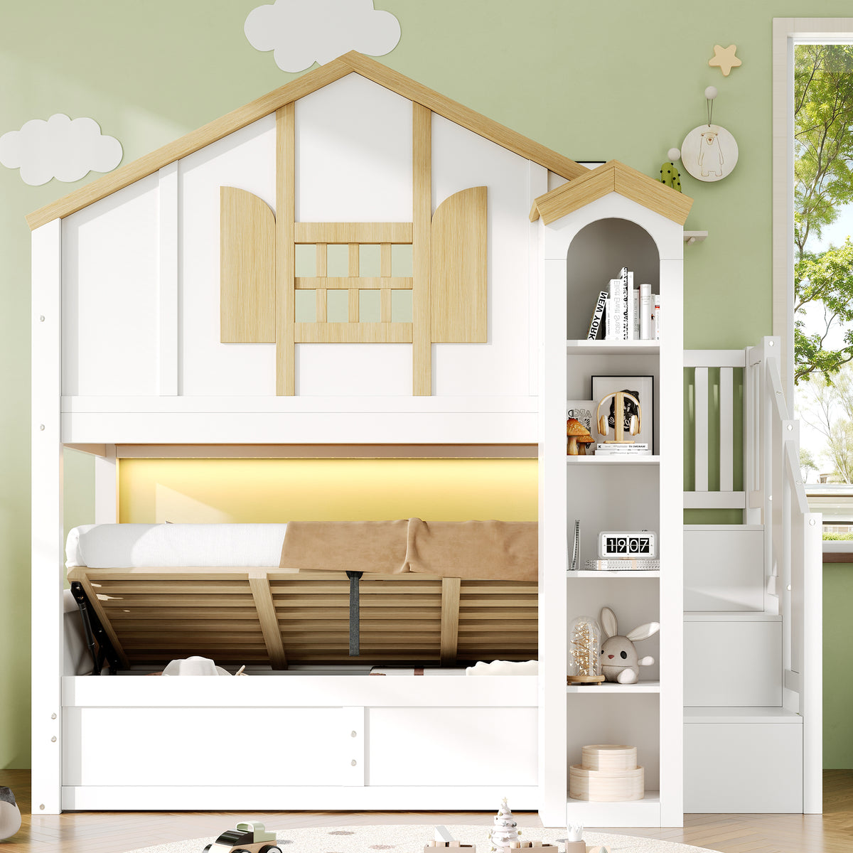 Bunk Bed with Hydraulic Lift & Storage Stairs, Solid Wood White