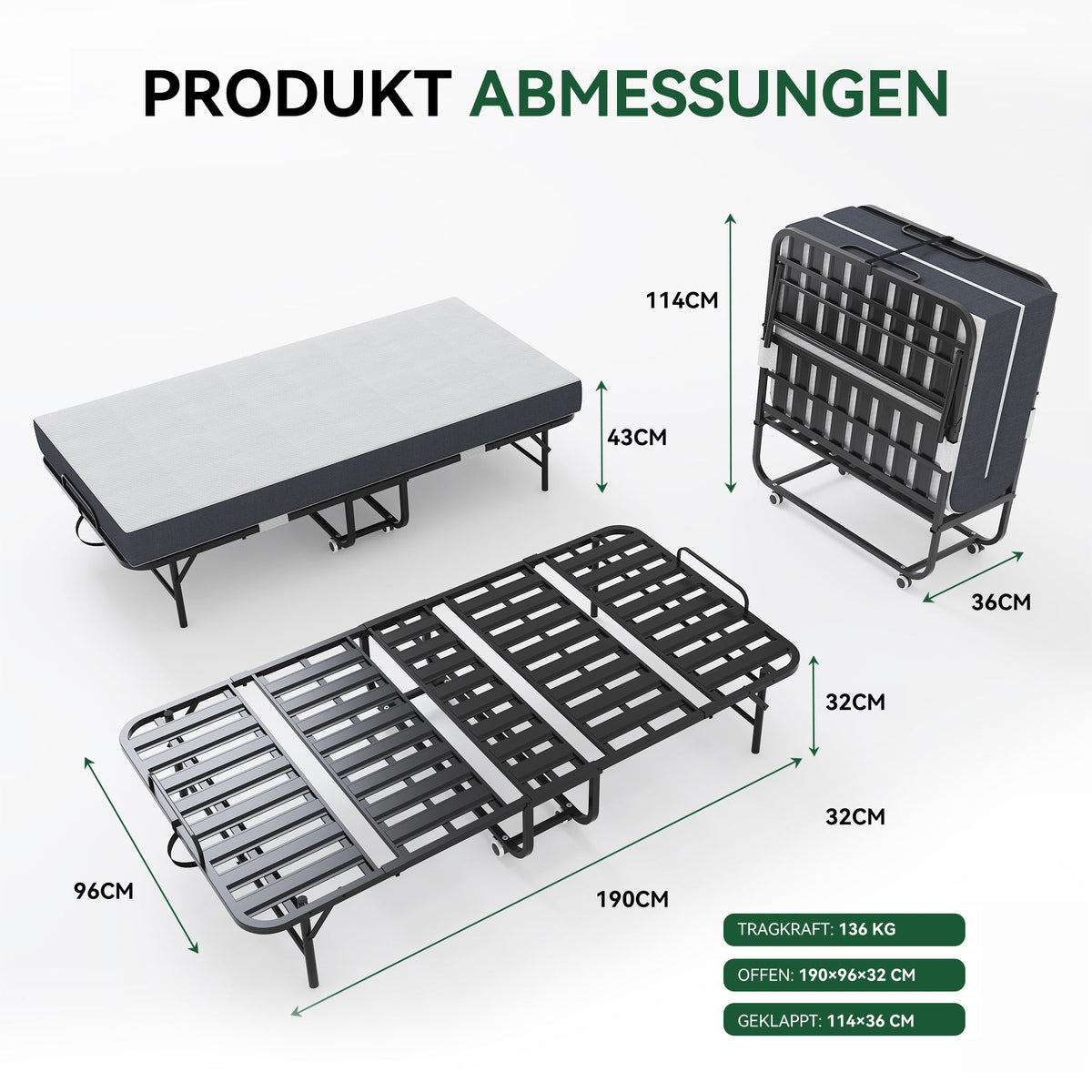Folding Twin Bed, 190x96cm 9.5cm Memory Foam Mattress, Metal Frame