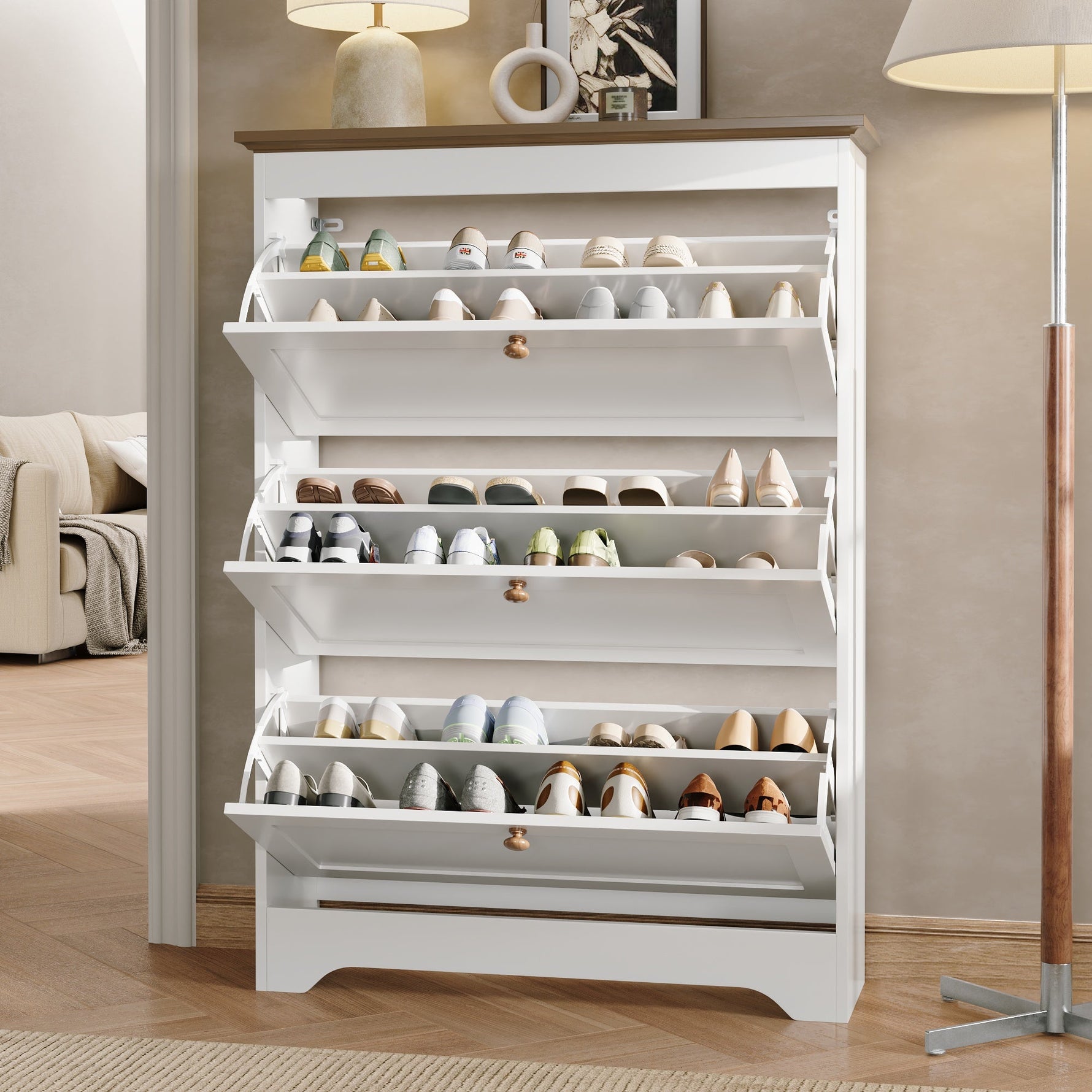 Shoe Cabinet with 3 Doors and Large Capacity, White Wood Look