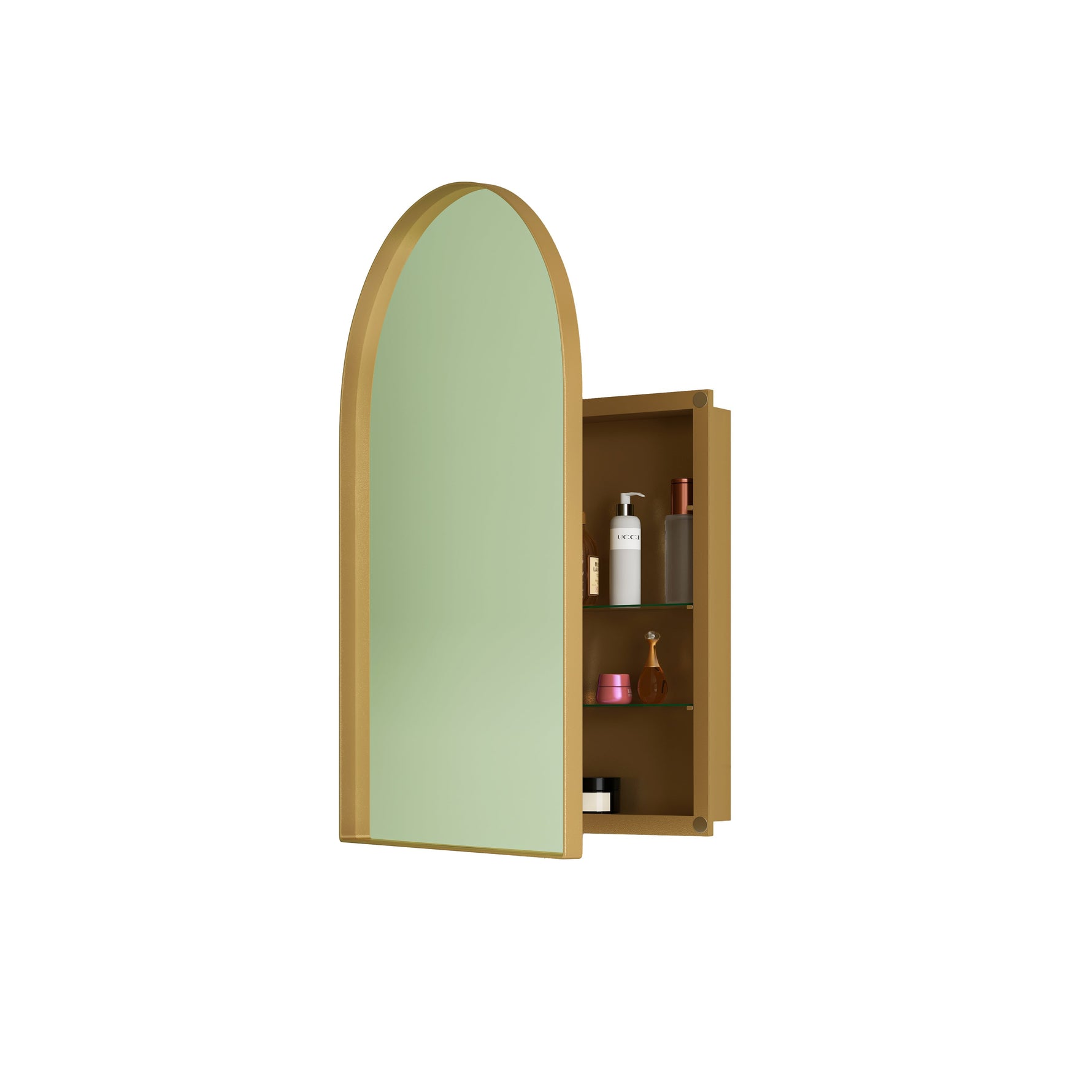 Stylish Arched Mirror Cabinet, Recessed Wall Storage Metal Framed, Gold
