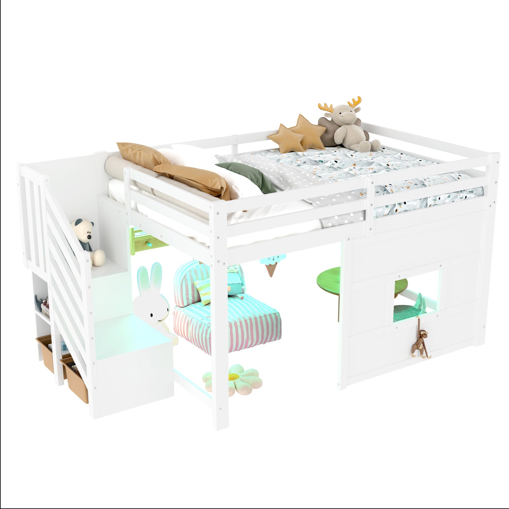 Loft Bed 140x200 with Storage Stairs and Window, White