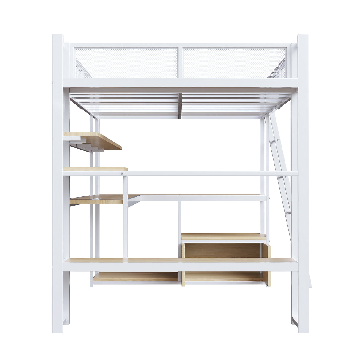 Gaming Loft Bed 140x200cm with Workspace & LED, White Metal