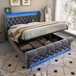 Modern Upholstered Double Bed 140x200cm LED Storage USB-C Hydraulic Grey Velvet