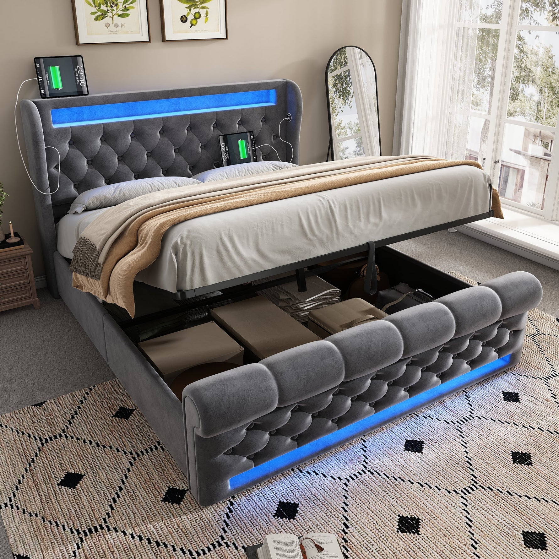 Modern Upholstered Double Bed 140x200cm LED Storage USB-C Hydraulic Grey Velvet