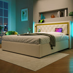 Upholstered Bed with LED, Storage, USB-C Headboard, 140x200 Cotton