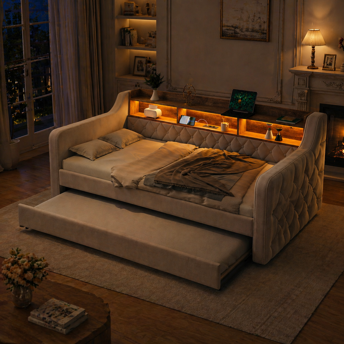 Space-Saving Sofa Bed 90x190cm with Storage & LED, Beige Velvet