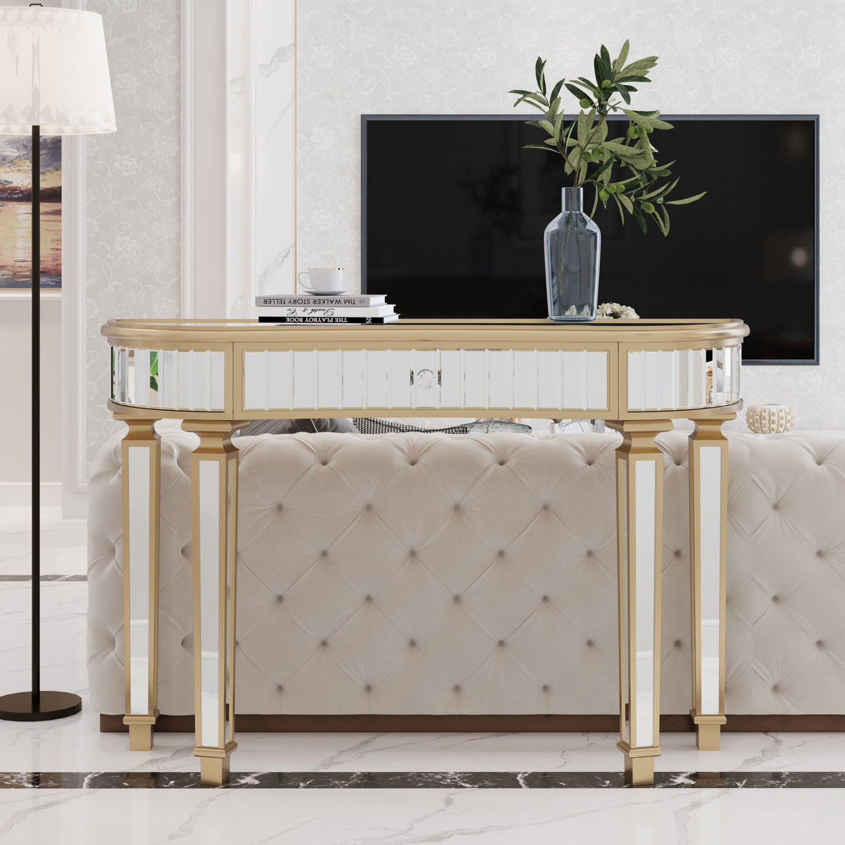 Half-Moon Console Table 120cm Mirrored Fluted Glass Drawer - Gold/Silver