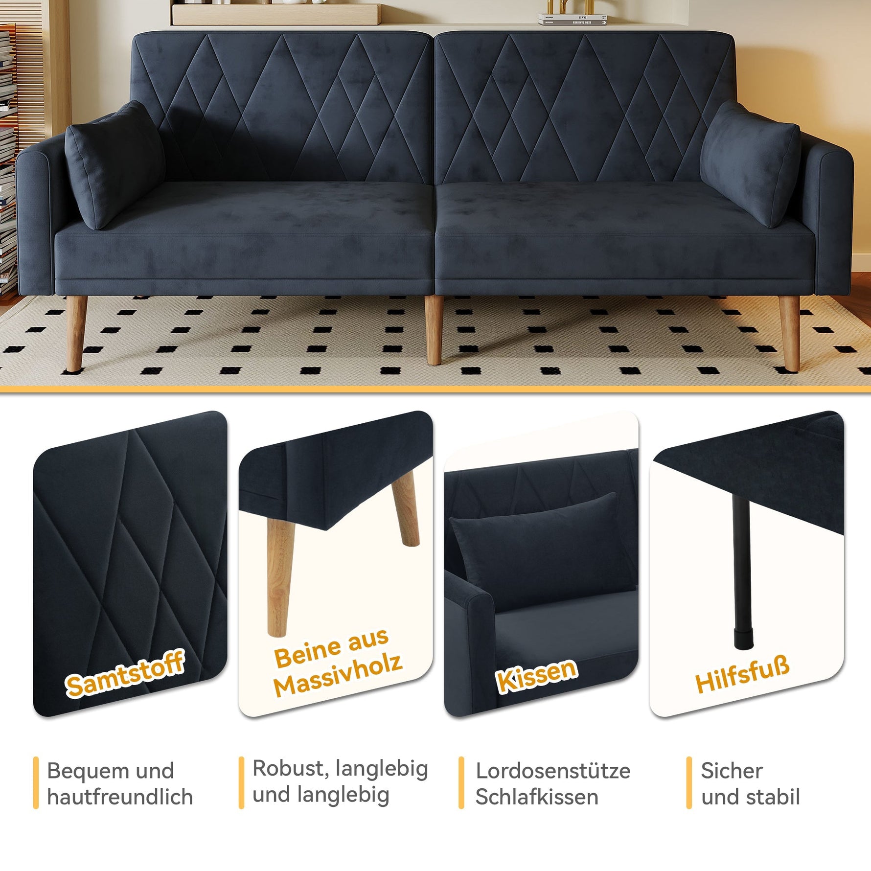 Sofa, Two-Seater Sofa Bed with Sleep Function, Velvet Fabric