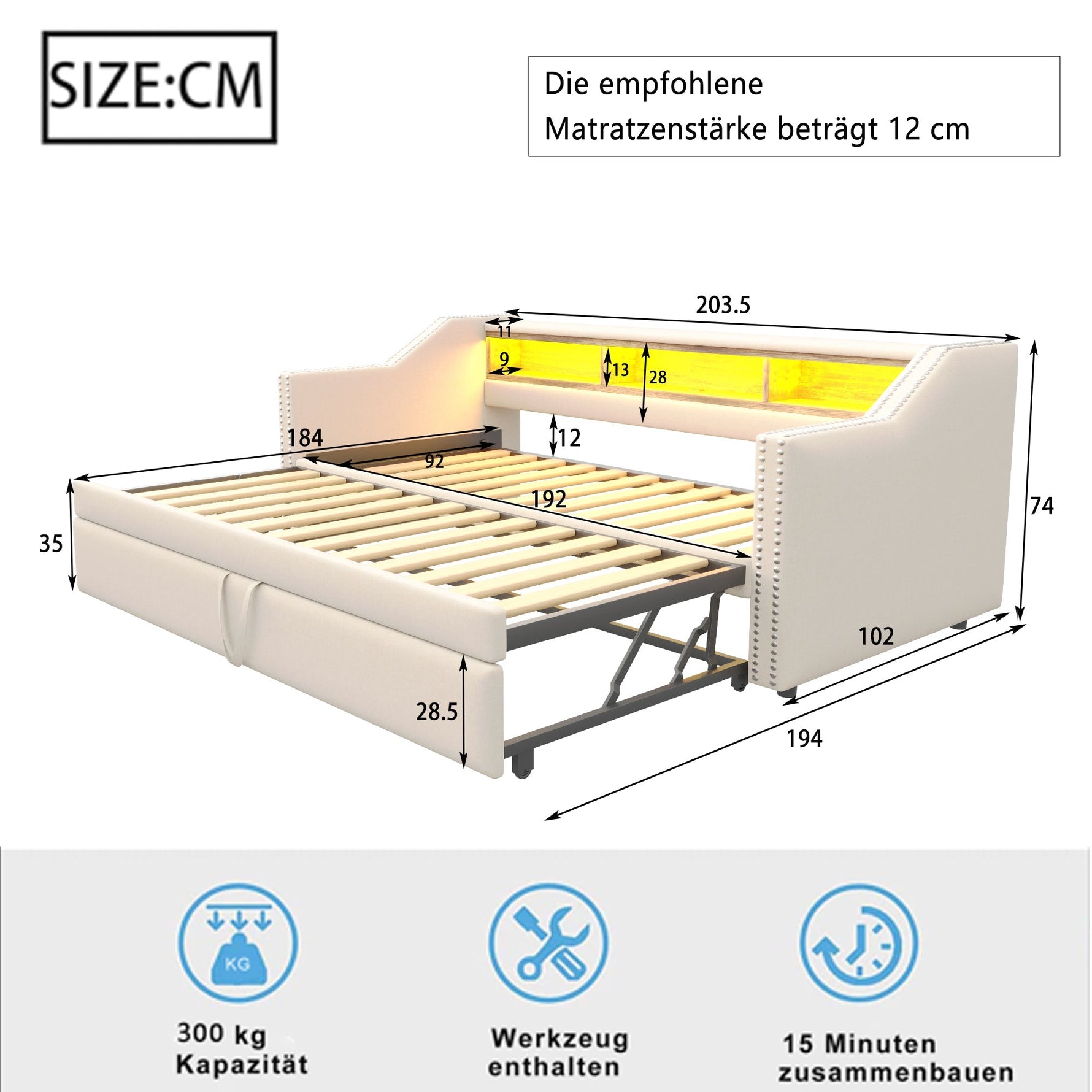 Upholstered Extendable Sofa Bed 90/180x190cm Storage LED USB - Beige
