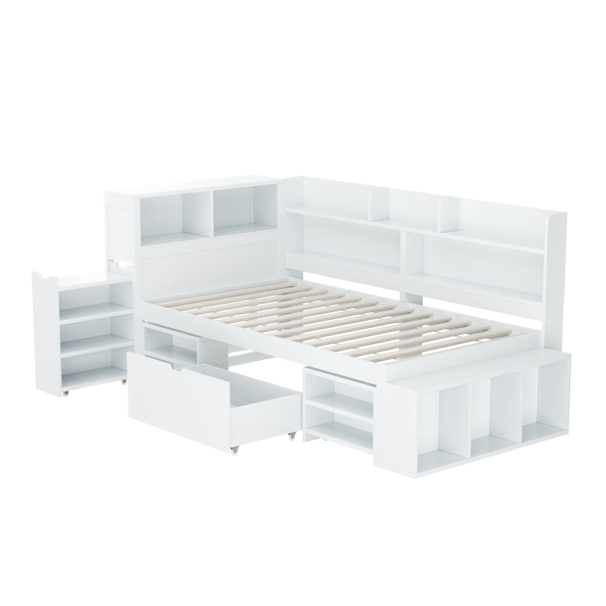 Children's Bed 90x200cm with Drawers & Bookshelf, White