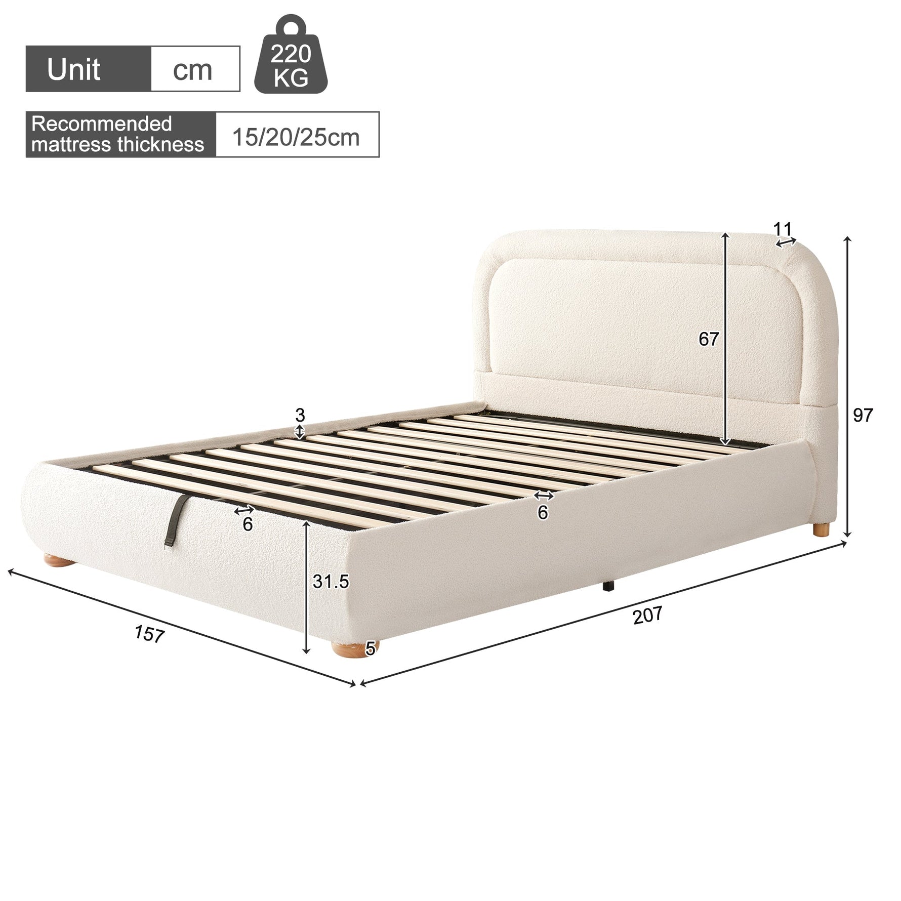 Upholstered Double Bed 140x190cm Hydraulic Storage Slatted Base Beige Bouclé