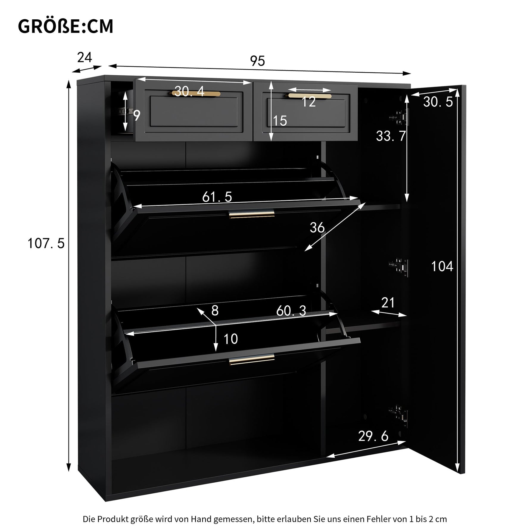 Modern Shoe Cabinet with Adjustable Shelves, Gold Handles, Drawers, Folding Doors, Black