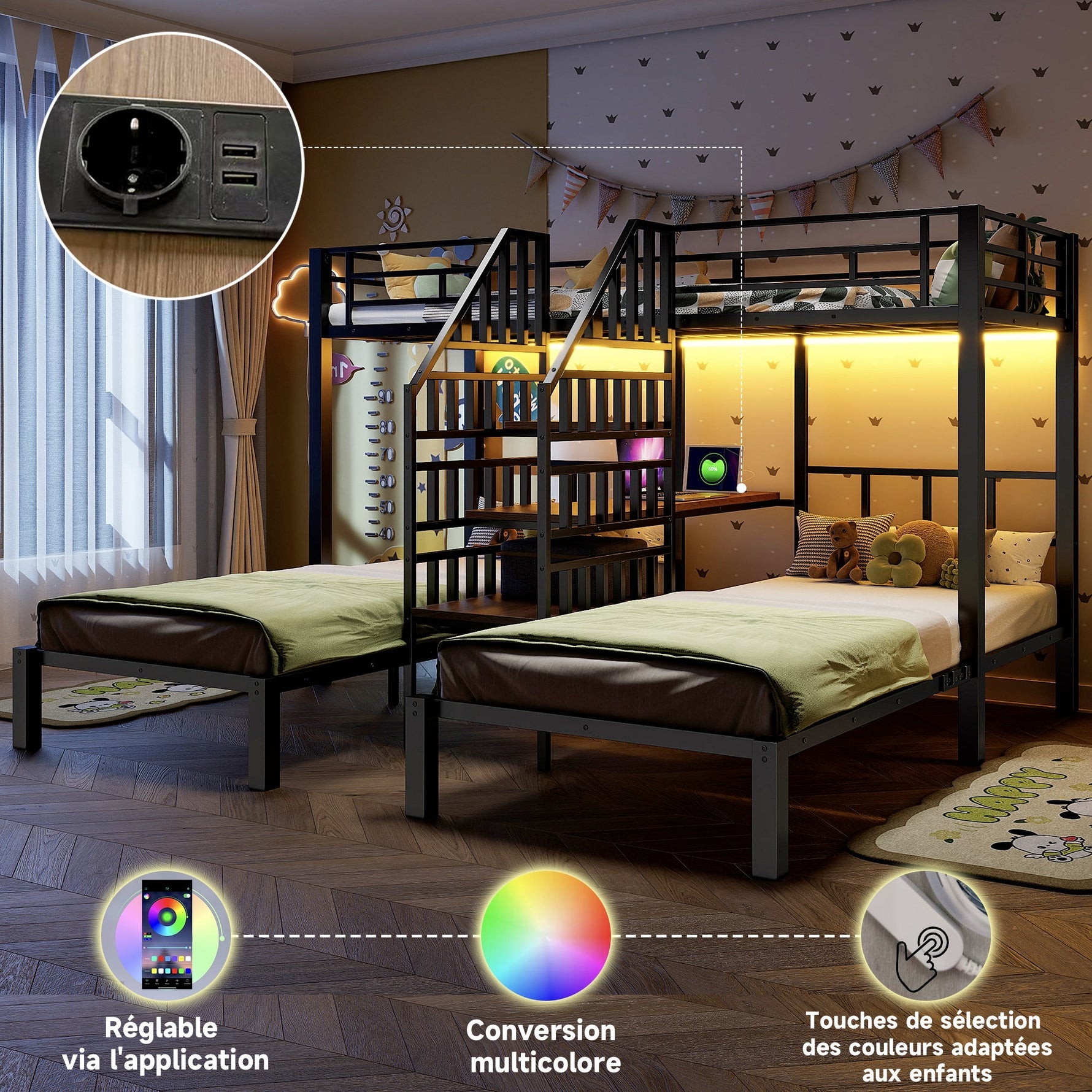 Bunk Bed with 3 Beds, LED Lights, Desk and USB Ports, Black