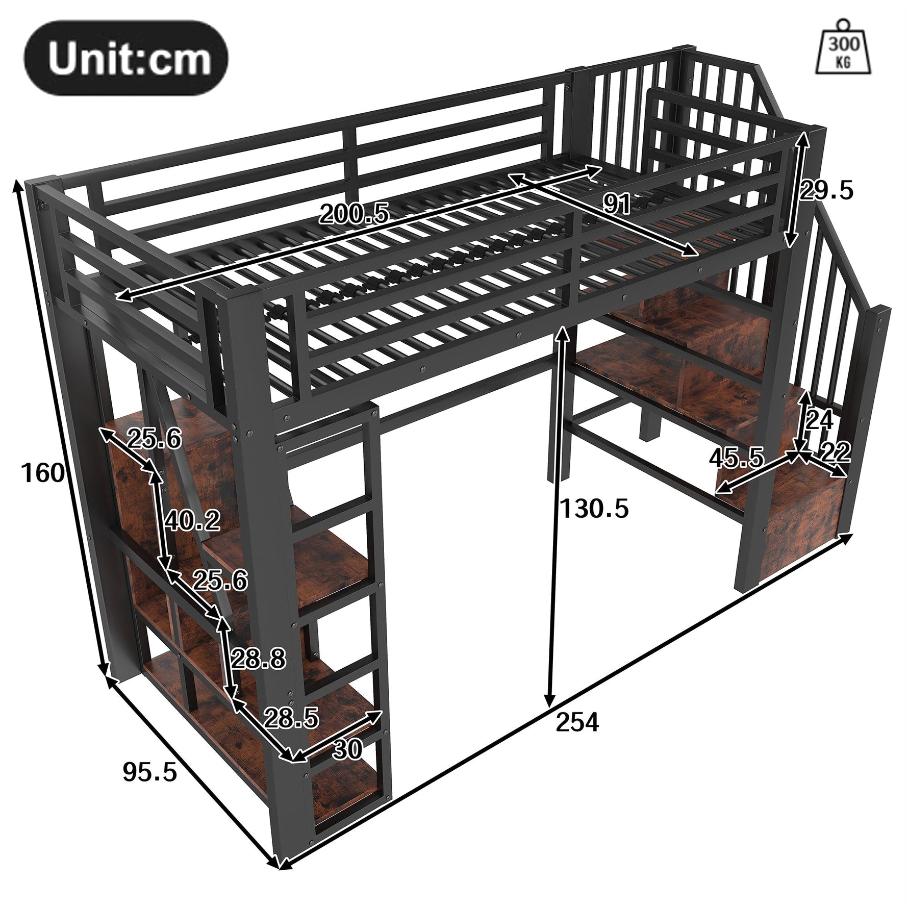 Loft Bed with Storage Steps and LED Light Strip, Black Iron Frame