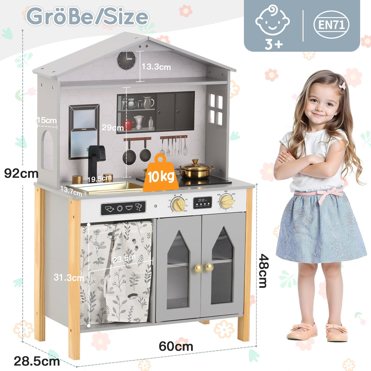 Children's Play Kitchen with Creative House Design and Accessories, Wood and Plastic, Grey