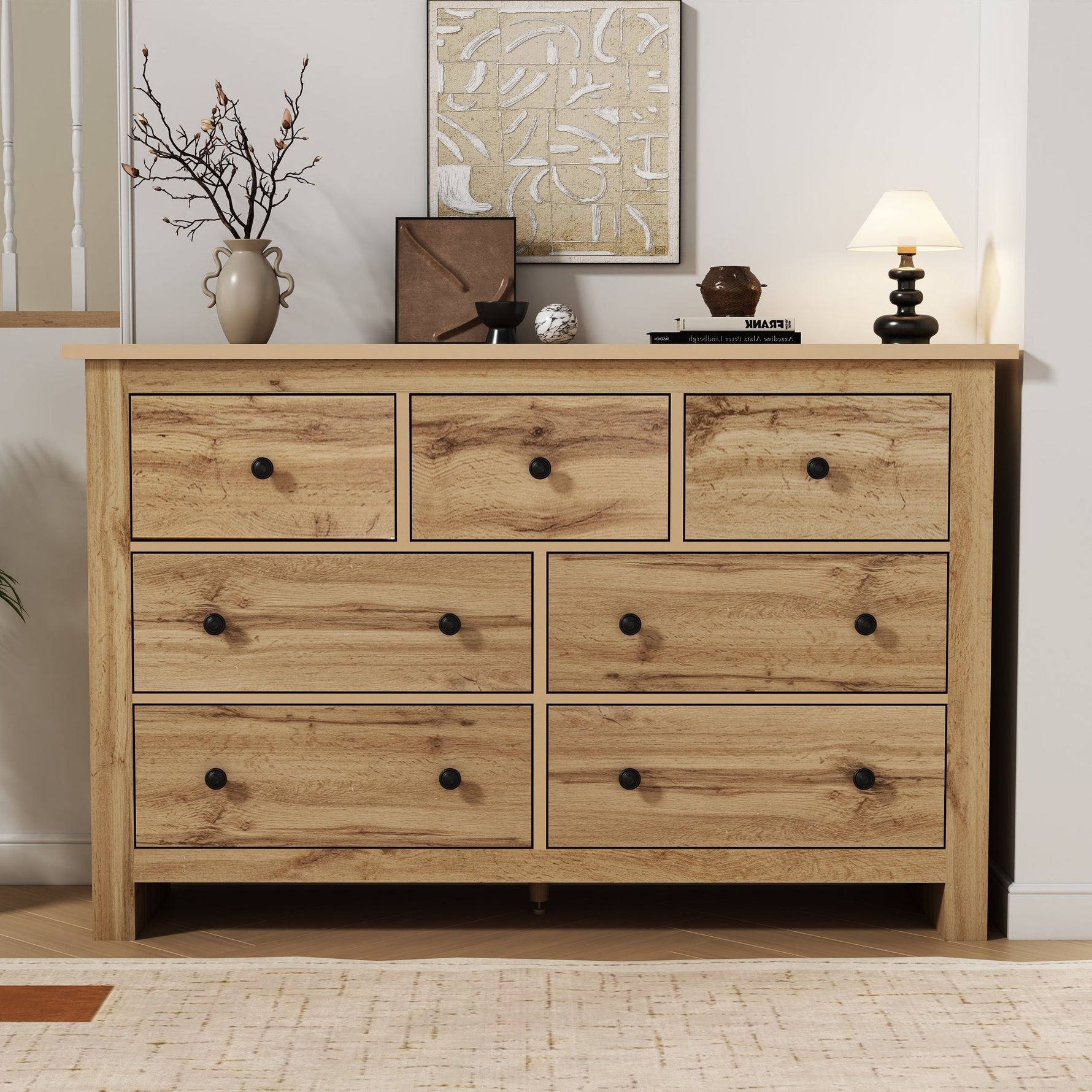 Dining Cabinet, Modern Minimalist Buffet with 7 Drawers, Original Wood