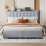 Upholstered Bed 140x200cm with USB & Storage, 4-Drawer, Linen Fabric Gray