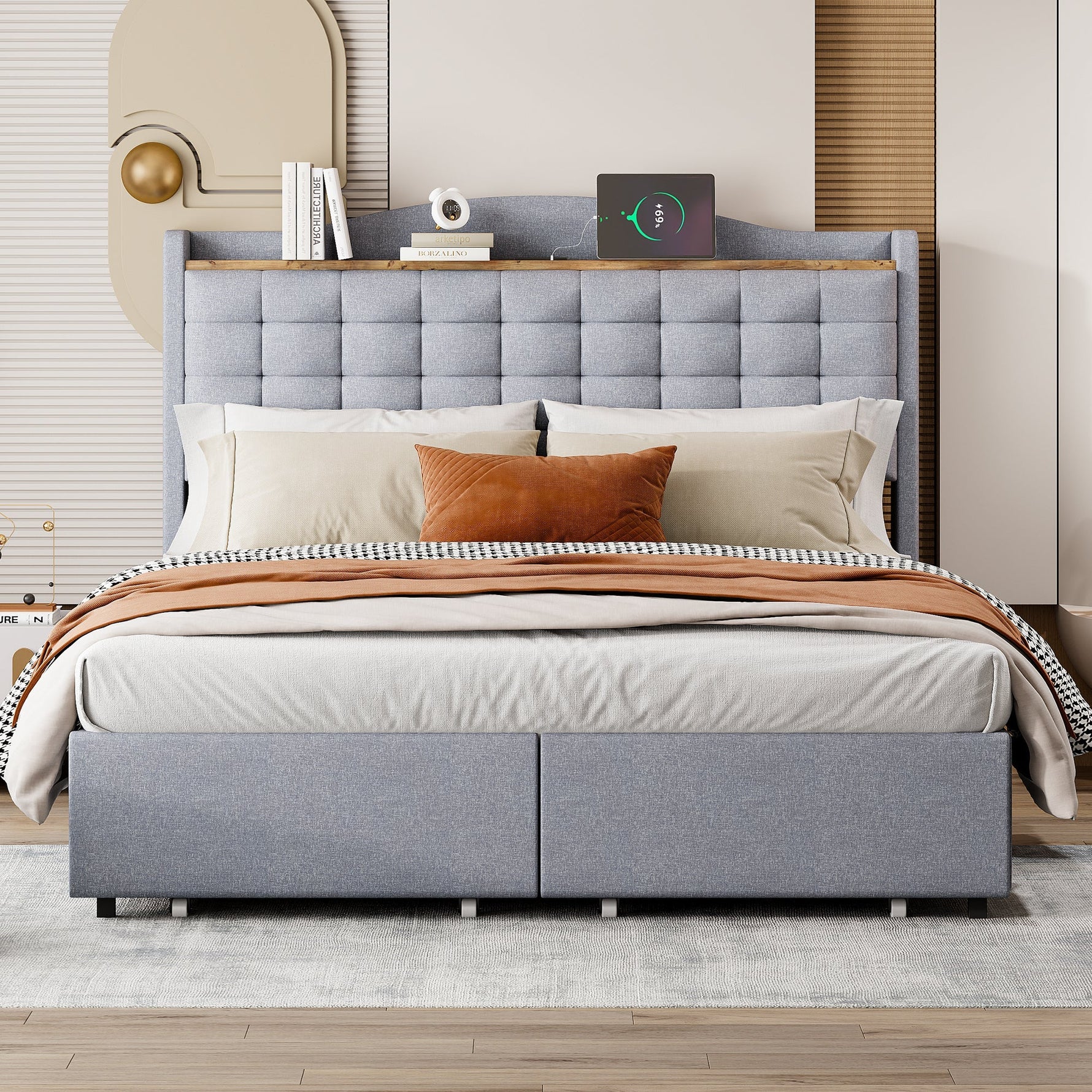 Upholstered Bed 140x200cm with USB & Storage, 4-Drawer, Linen Fabric Gray