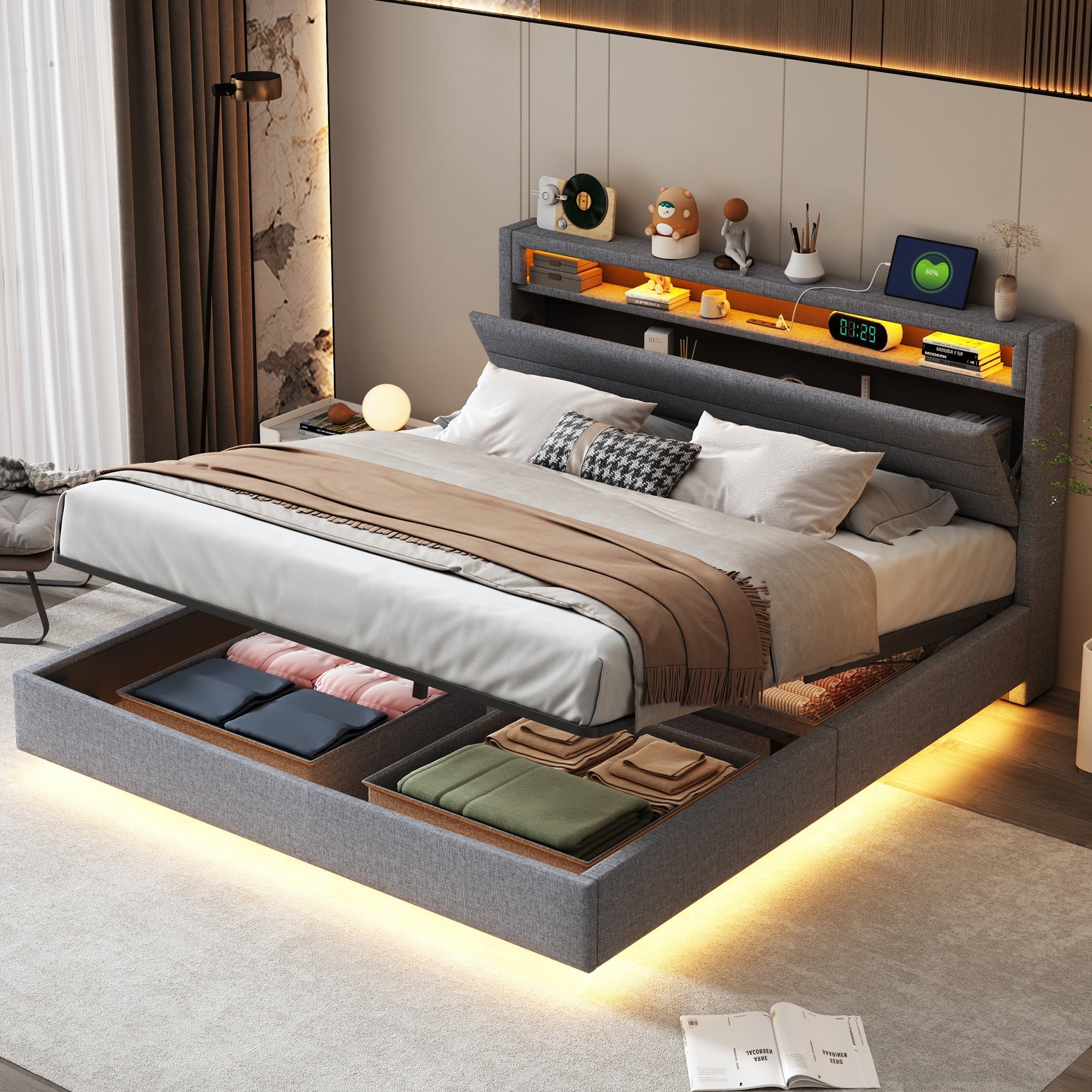 Upholstered Bed 160x200 cm, Hydraulic Floating Frame with Storage, USB & LED, Linen Grey